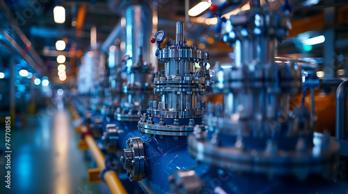 Close-up view of high-pressure industrial valves and pipes, showcasing intricate engineering in a manufacturing plant setting.