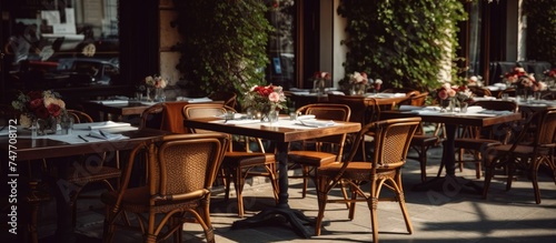 A restaurant setting with an abundance of tables and chairs placed outdoors, ready to accommodate diners. The tables are neatly arranged, offering a functional.