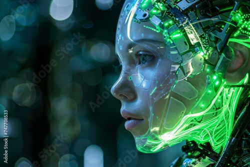 face of female humanoid android Artificial Intelligence mechanical robot be creative Have an understanding of orders It has the most advanced operating system Robot innovations future green blue tone