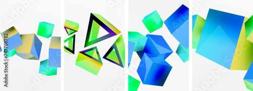 Flying 3d shapes, cubes and other geometric elements background design for wallpaper, business card, cover, poster, banner, brochure, header, website