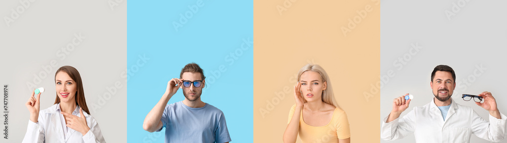 Set of people with glasses and contact lenses on color background Set of people with glasses and contact lenses on color background