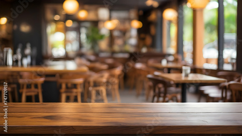 Empty wooden table with blurred background of coffee shop or cafe restaurant with abstract light image background.