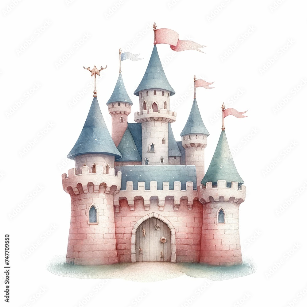 Fairytale castle with turret, flag, and drawbridges. Wonderland. Isolated cartoon illustration on a white background for stickers. Set of houses. Children's theme. Clipart.