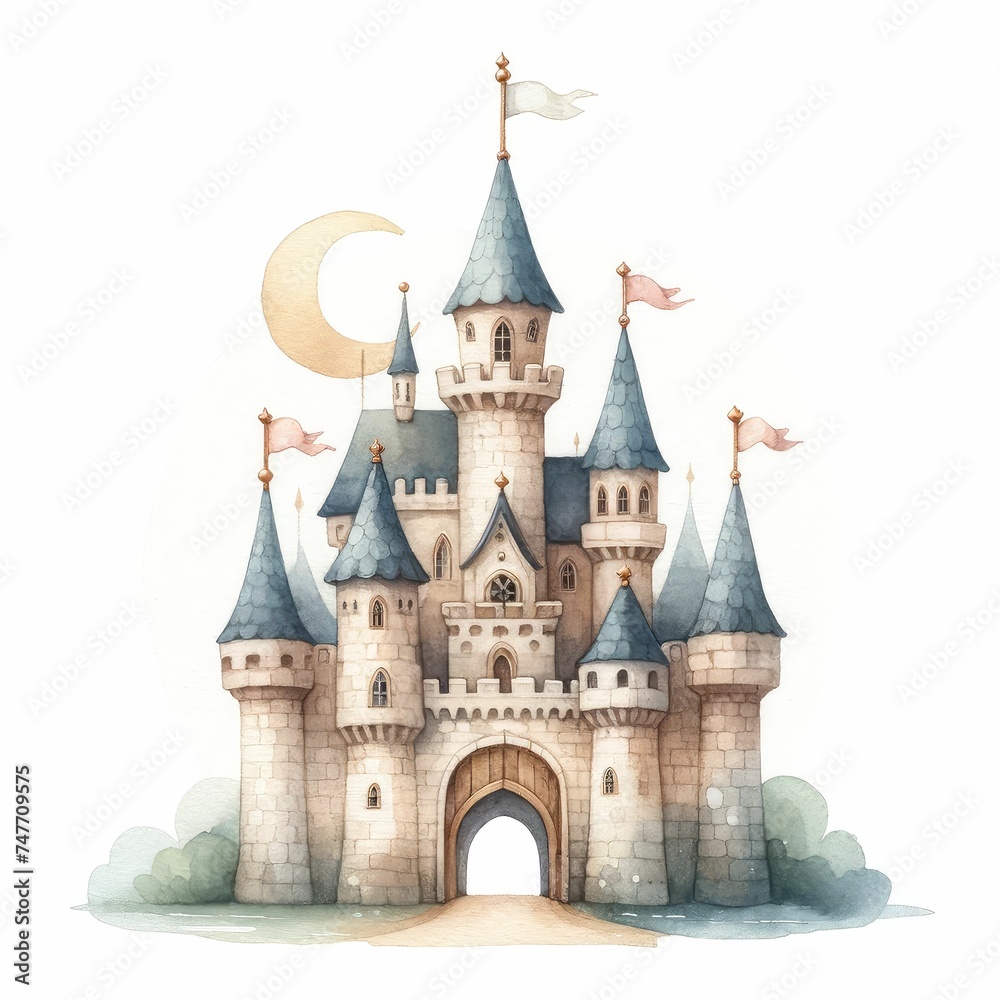 Fairytale castle with turret, flag, and drawbridges. Wonderland. Isolated cartoon illustration on a white background for stickers. Set of houses. Children's theme. Clipart.