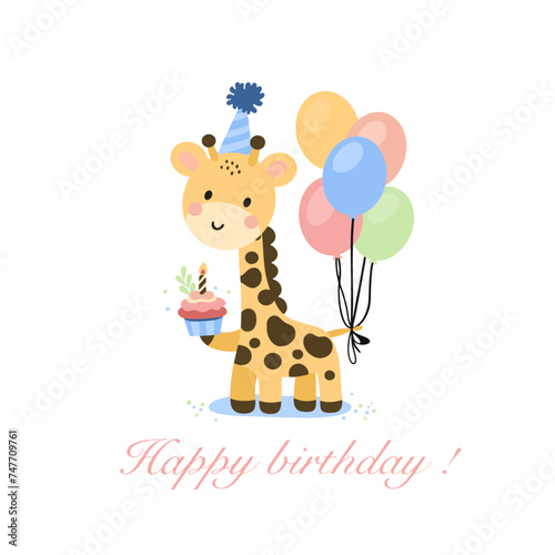 Happy birthday card with giraffe and frog. Vector illustration of a children's greeting card.