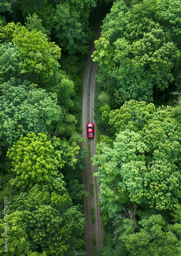 Aerial view of car travels through the calm forest road