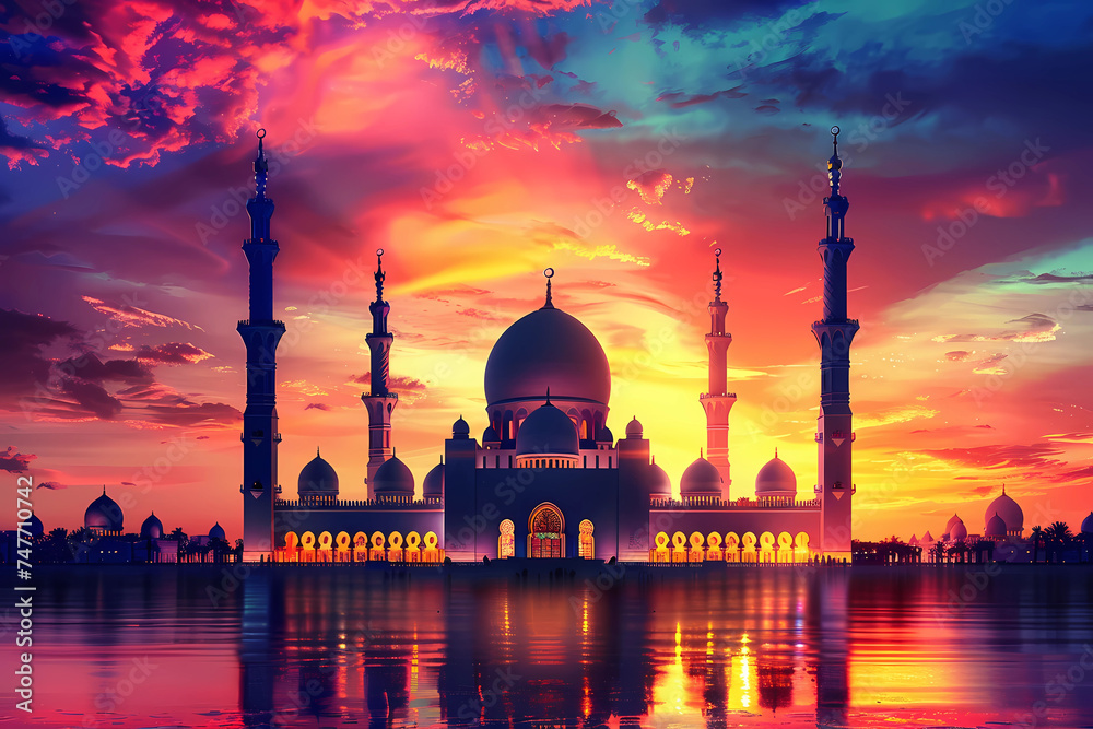a mosque a colorful sky at sunset - obrazy, fototapety, plakaty 