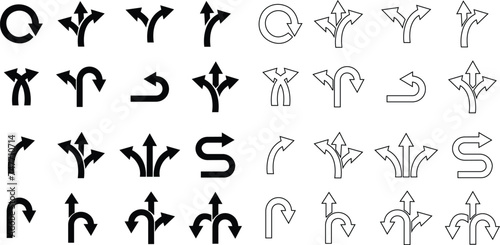 Set of Road Traffic Direction Arrow way icons in flat styles editable stock. Choice  option  pathway  opportunity. GPS element symbols template for graphic and web designs on transparent background.