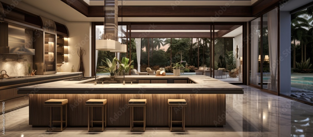 This spacious kitchen boasts a large center island surrounded by sleek stools, perfect for gathering and casual dining. The luxurious interior design of this pool villa extends to the kitchen area,