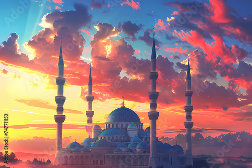 a mosque a colorful sky at sunset