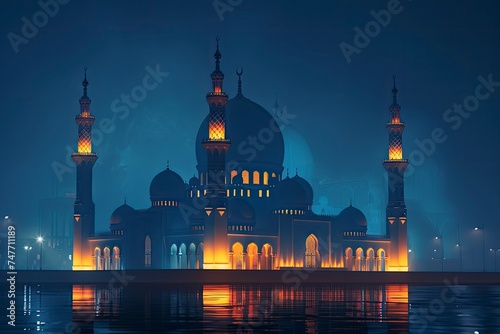 Glowing mosque with night background  copy space - generative ai