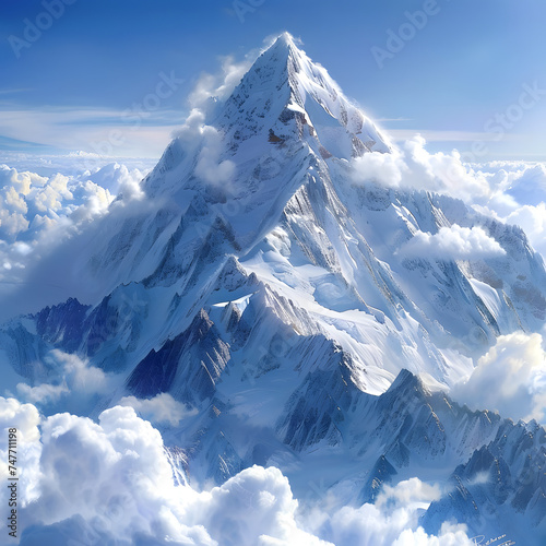 Formulate a detailed mental image contemplating asnowcovered mountain peak viewed from a proper per Generative AI