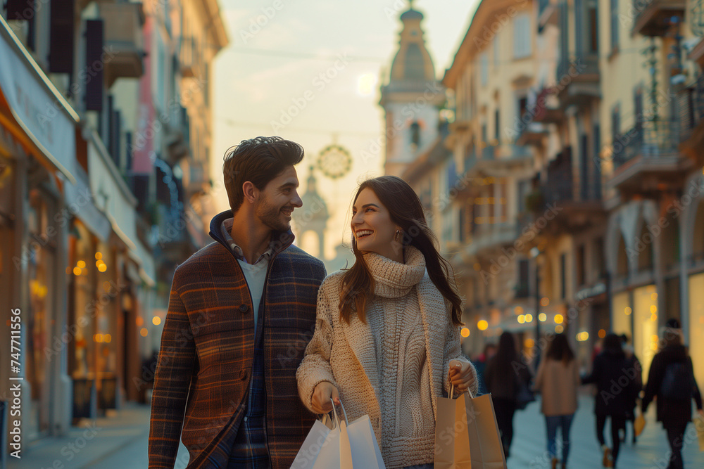 Obraz premium Happy couple shopping in Europe