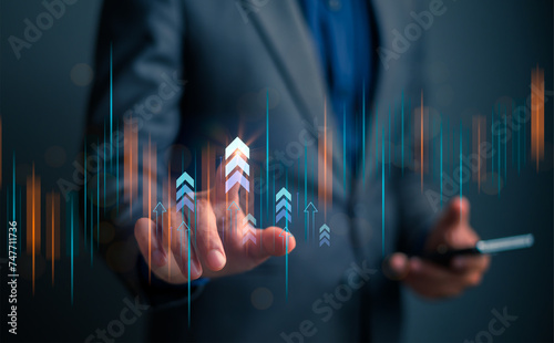 Businessman touching  arrow up growth graph circuit technology investment to success. financial data graph strategy. market chart profit money. Positive result on development hi tech business.
