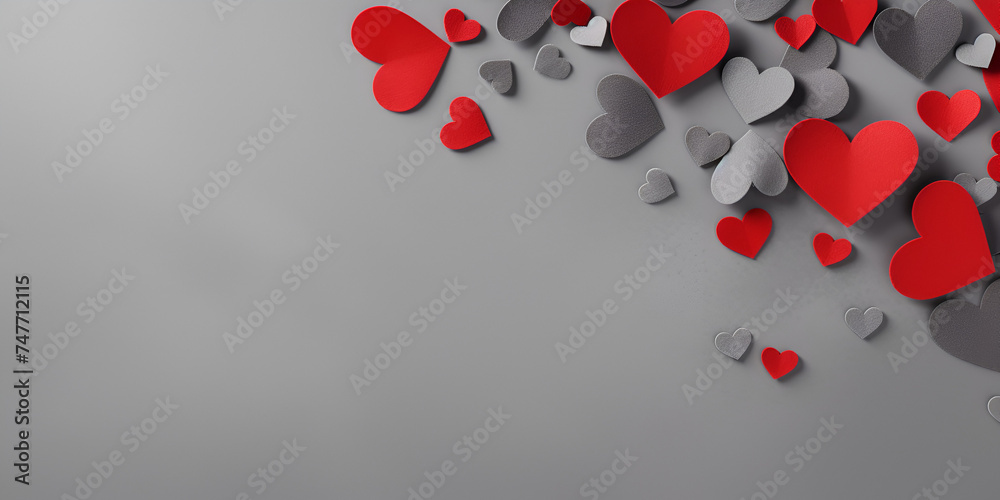 group of red and white hearts on a gray background, several hearts, red hearts, black and white with red hearts, many hearts, hearts, falling hearts, love theme Valentines background with red heart
