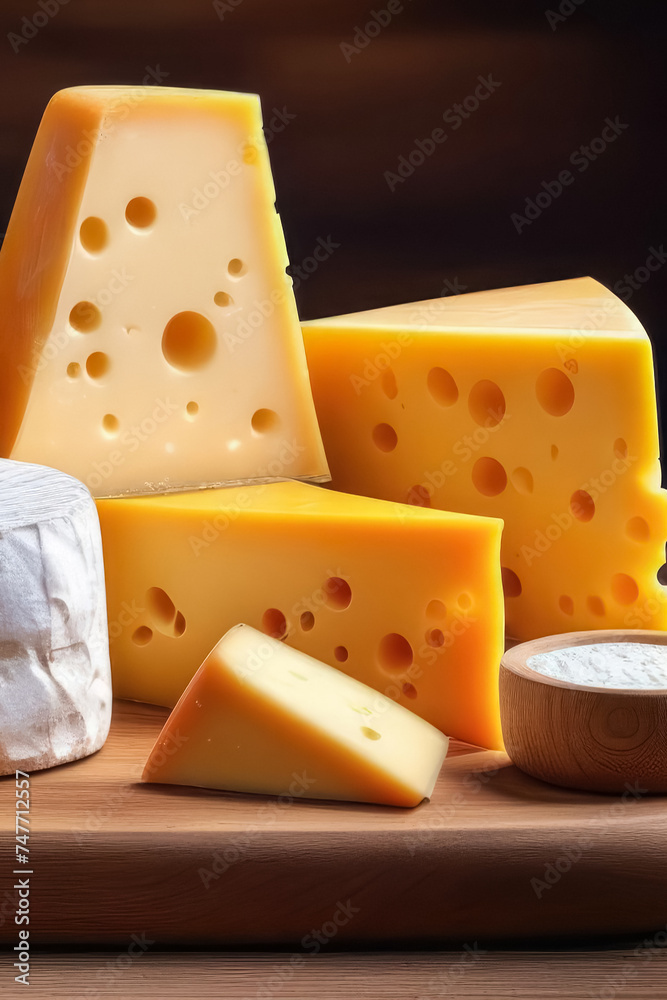 Cheese of different varieties lies on a wooden table.