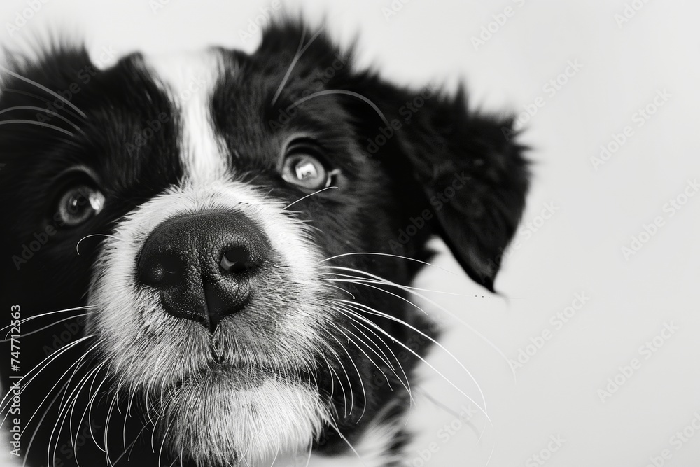 Black and White Dog Looking Up at Camera. Generative AI