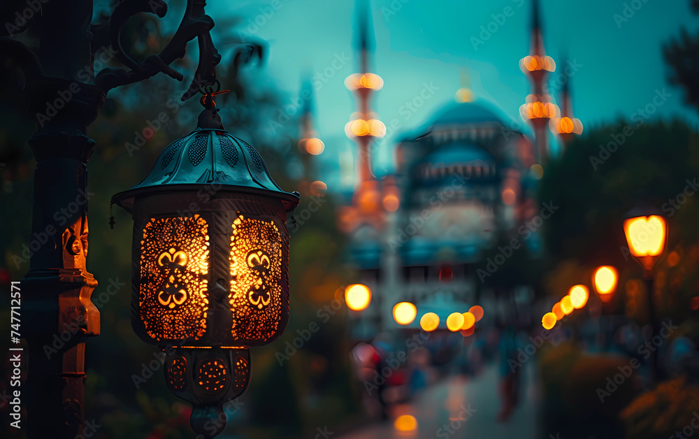 blue mosque with brightly lit lantern and tower