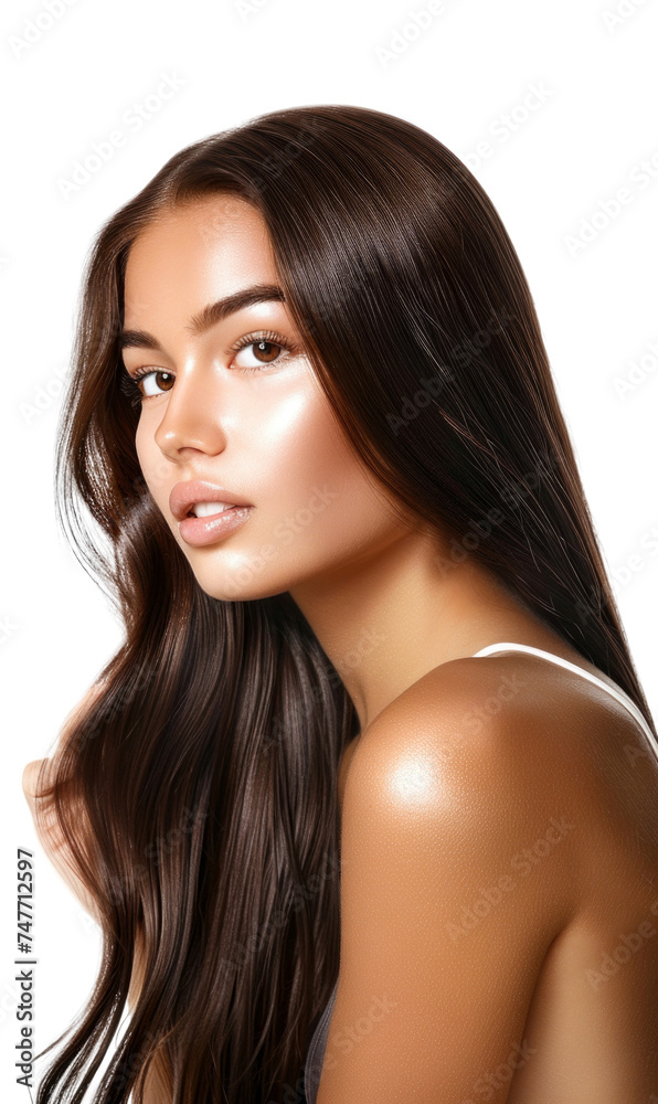 Naklejka premium Young girl with shiny straight beautiful hair transparent background