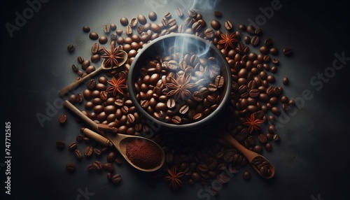 Coffee beans and grinder on a dark background. Vintage style.