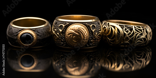 Intimate portrayal of marital rings Stylish rings, flowers on wooden table background Letters from the bride and groom Vows Engagement Luxury marriage and wedding Gold Wedding rings antique jewelry 