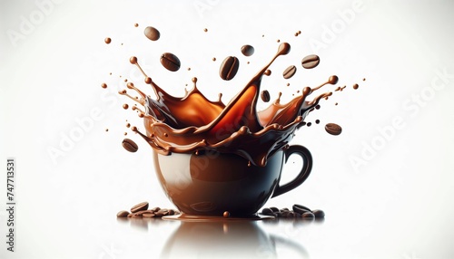 Coffee splash with coffee beans on a white background.