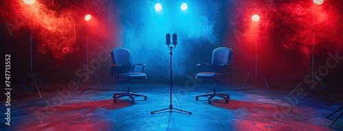 two chairs and microphones in podcast or interview room isolated on dark background. recording studio. photo
