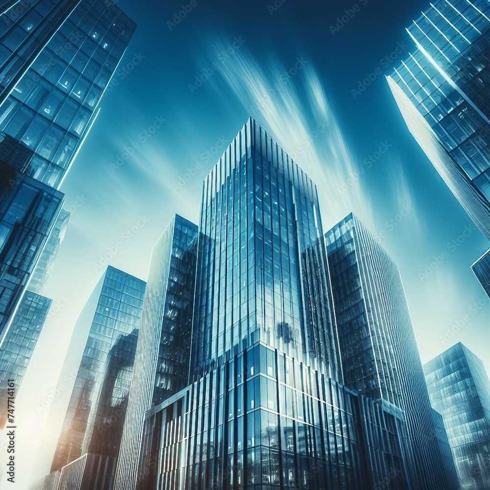 Modern office building with blue sky, and glass facades. Economy, finances, business activity concept, Bottom-up view, blurred image