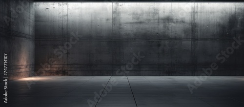 A black and white view of an empty parking garage, with stark concrete walls and empty spaces for vehicles. The cold and desolate atmosphere is evident in the lack of activity. photo