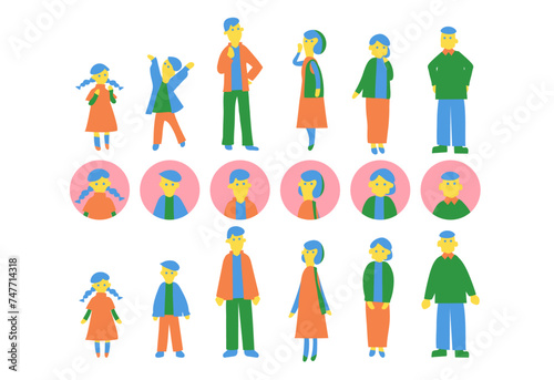 三世代家族の全身と丸型アイコン