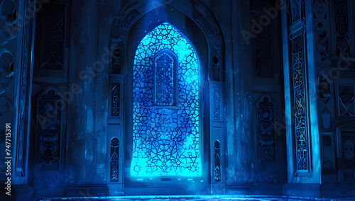 blue lights from an illuminated window in islamic architecture photo