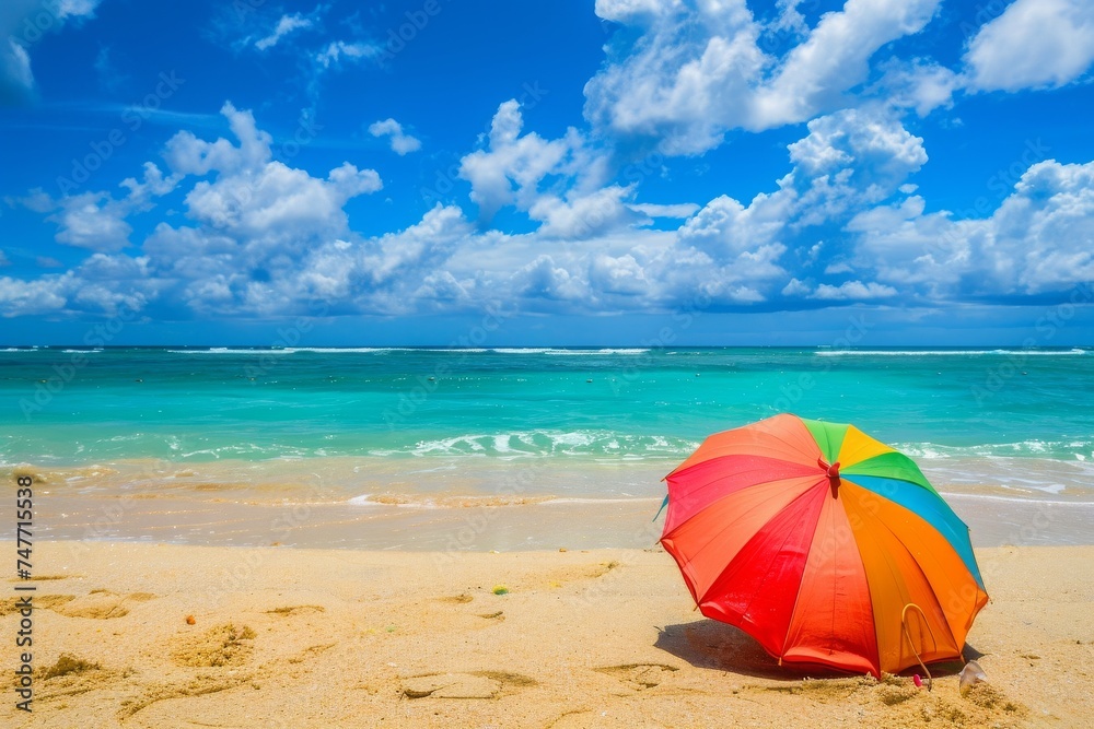 Sunny beach scene with colorful umbrella, perfect for travel and holiday themes.

