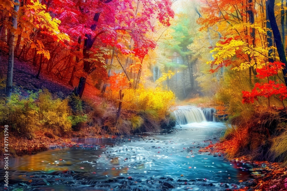 temperate deciduous forest, Autumn forest orange red are rivers stream and pine carpet oak beech maple tree willow mysterious colorful leaves trees nature change seasons landscape Top view background