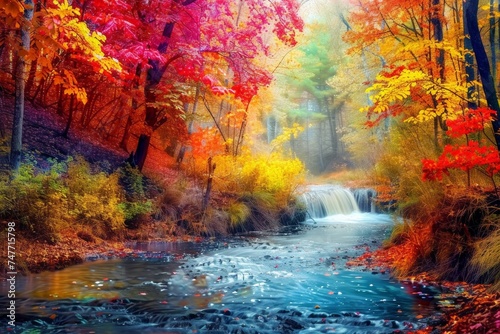 temperate deciduous forest  Autumn forest orange red are rivers stream and pine carpet oak beech maple tree willow mysterious colorful leaves trees nature change seasons landscape Top view background