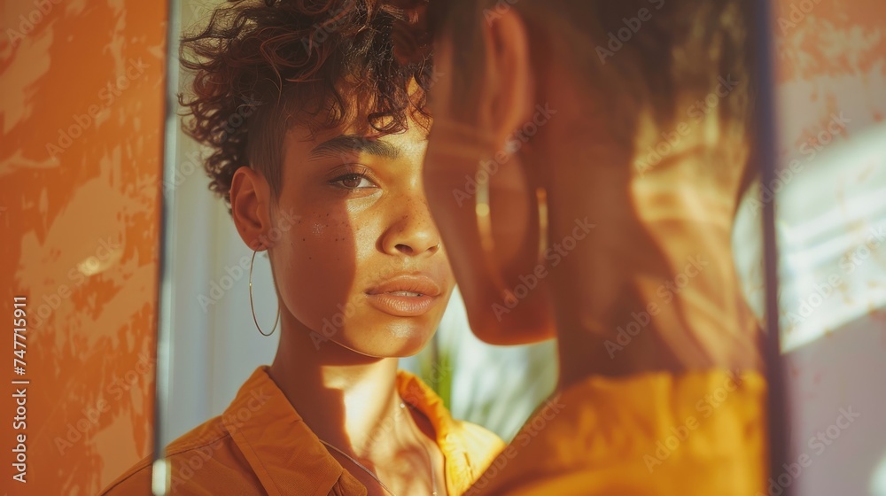A non-binary person standing confidently in front of a mirror, affirming their identity and embracing their true self - obrazy, fototapety, plakaty 