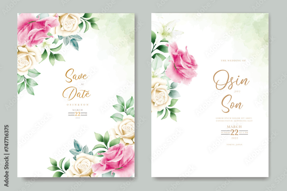wedding invitation card with floral roses watercolor 