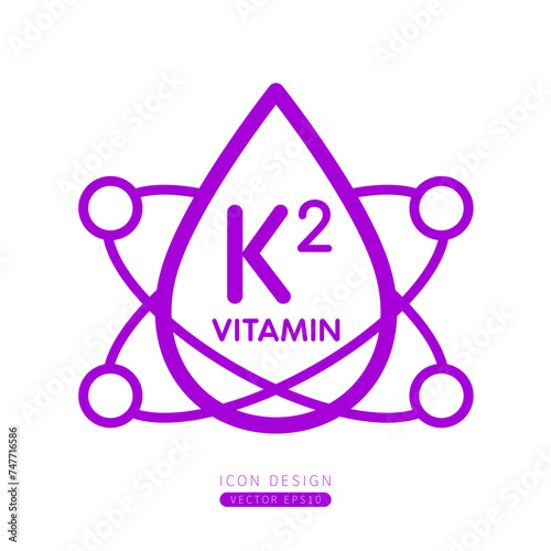 Vitamin K2 dropper icon purple with surrounding molecules form simple line. Isolated on a white background. Medical symbol concept. Design for use on web app mobile and print media. Vector.