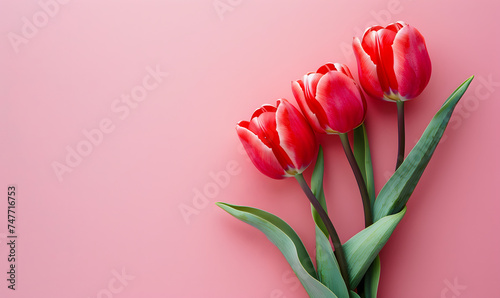 Fresh red tulips on pastel menthe light pink background,Generative AI  #747716753