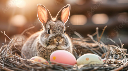 Easter Eggs And Bunny Ears In The Nest