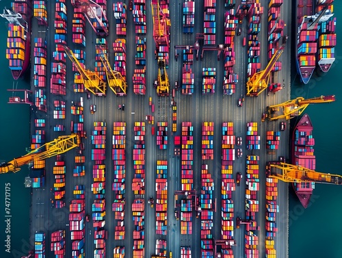 A aerial view of an international port, the backbone of the modern economy, with cranes loading containers and constantly moving logistics.