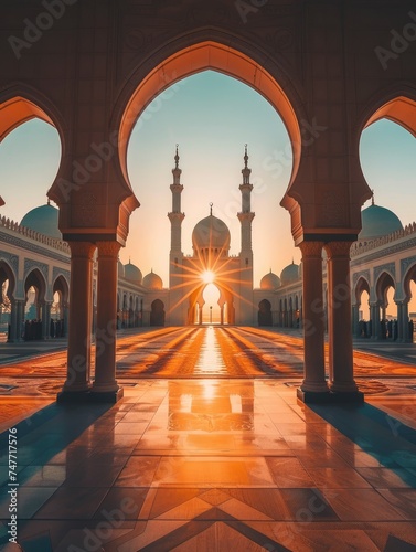 beautiful view of the mosque with the morning sun in the background - generative ai