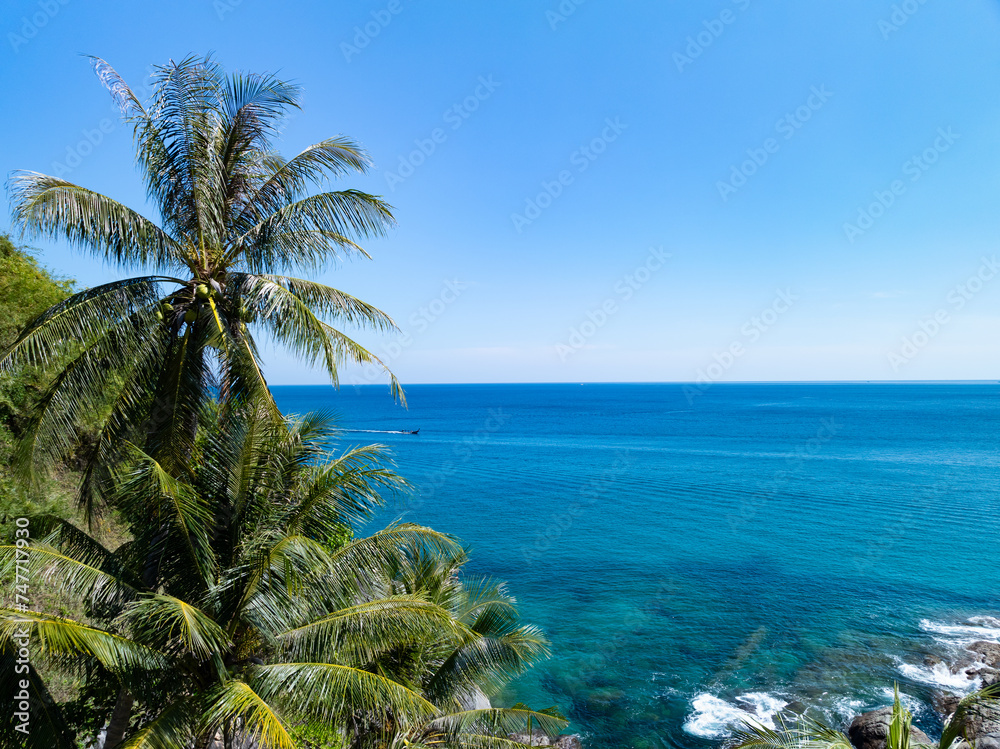 Amazing tropical seashore landscape background,Top view waves crashing on rocks