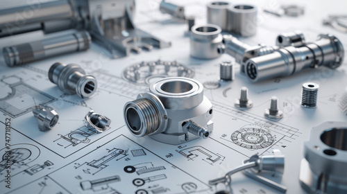 精密部品と設計図のイメージ　Image of precision parts and blueprints. Industry, Systems, Development.Generative AI
