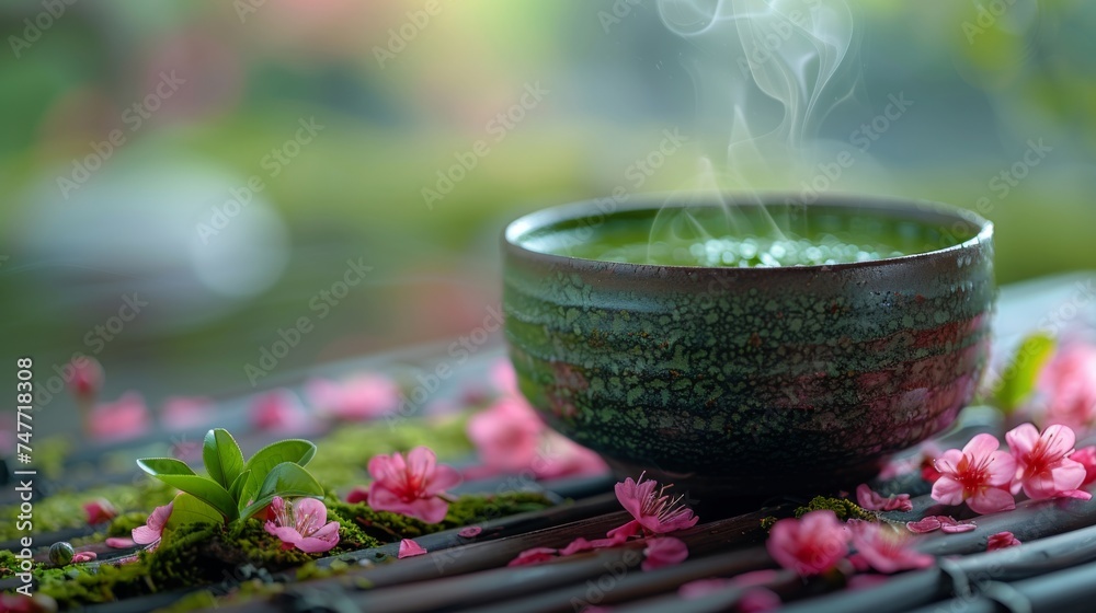 Organic green matcha tea Healthy drink. Traditional Japanese drink a steaming cup of matcha tea against the backdrop of a cherry blossom-blooming garden. Organic green matcha tea Healthy drink. Traditional Japanese drink a steaming cup of matcha tea against the backdrop of a cherry blossom-blooming garden.