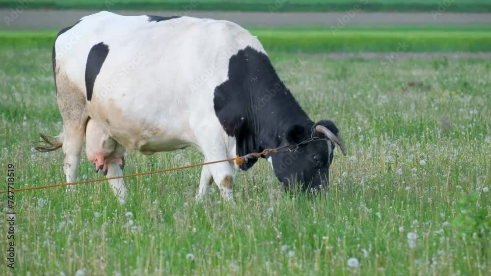 A beautiful black and white cow is grazing in a meadow against a blue sky. A beautiful black and white cow is grazing in a meadow against a blue sky.