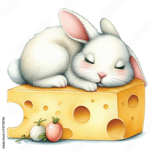 Bunny cute little sleeping on cheese

