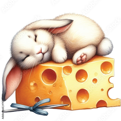 Bunny cute little sleeping on cheese


