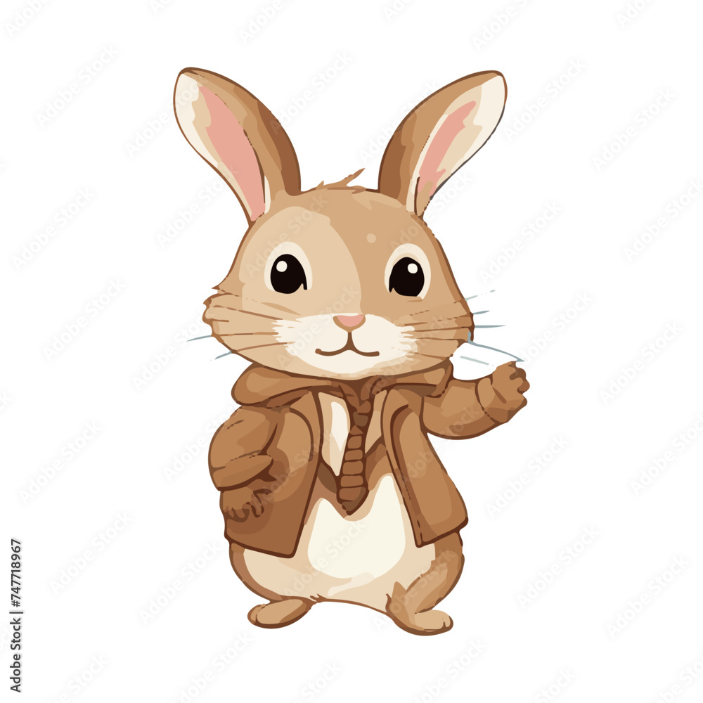 Obraz premium Vector illustration cute bunny in a beige raincoat for sticker, print, poster, postcard 