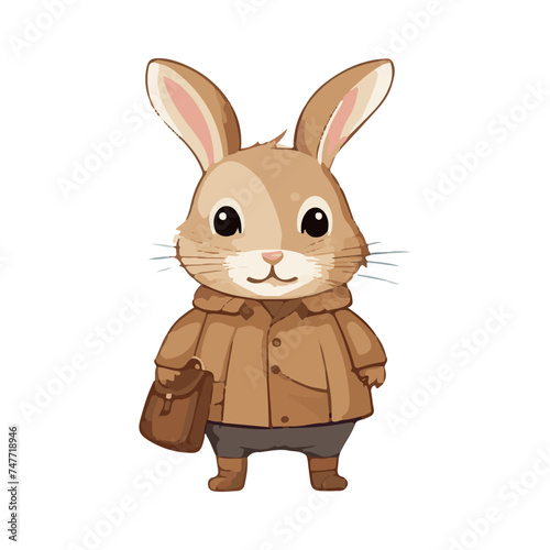 Vector illustration cute bunny in a beige raincoat for sticker, print, poster, postcard 