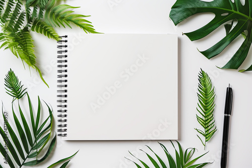 白いスケッチブックと植物イメージ背景 Generative AI